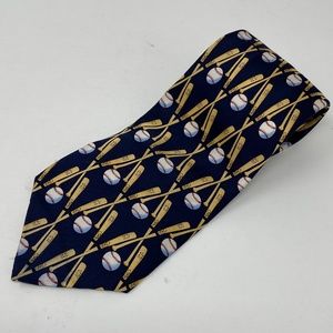 Parquet Mens Wide Neck Tie Navy Blue Baseball Bat Print 100% Silk Hand Made